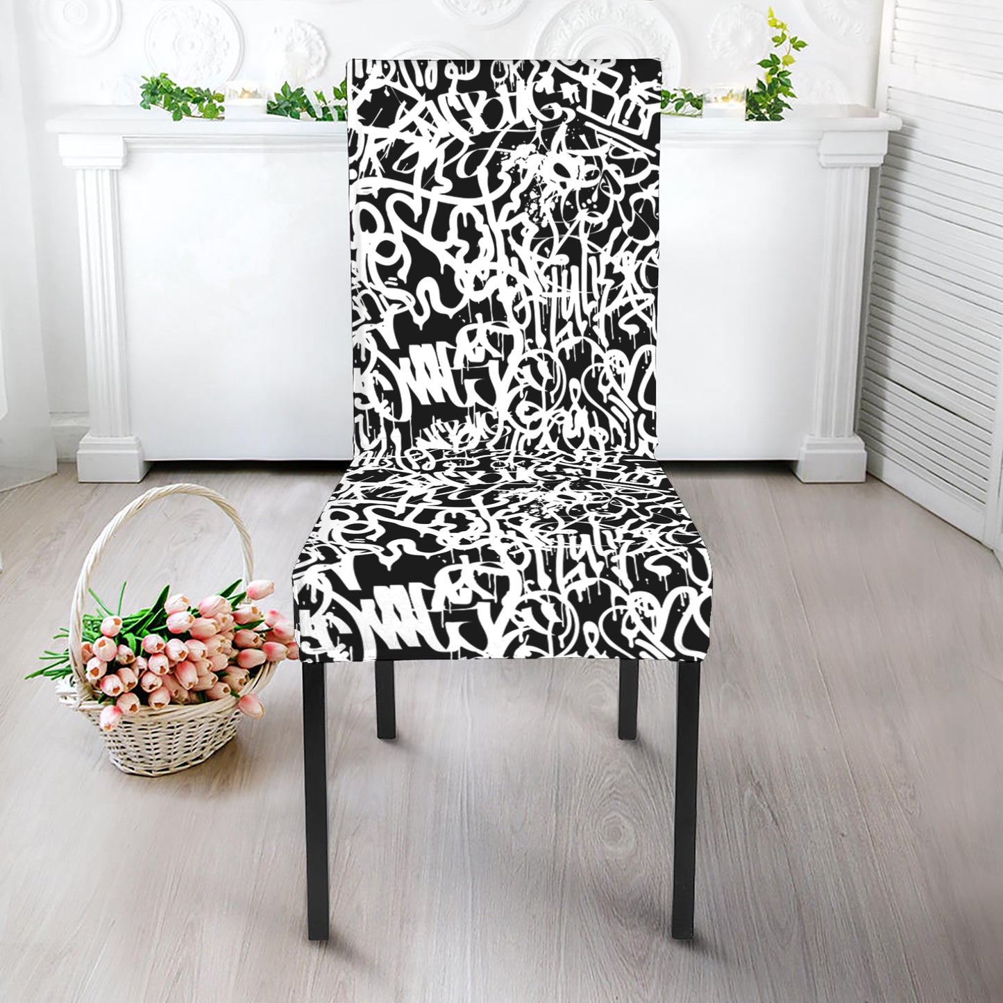 Black And White Graffiti Pattern Print Dining Chair Slipcover