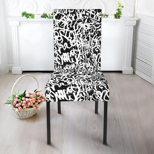Black And White Graffiti Pattern Print Dining Chair Slipcover