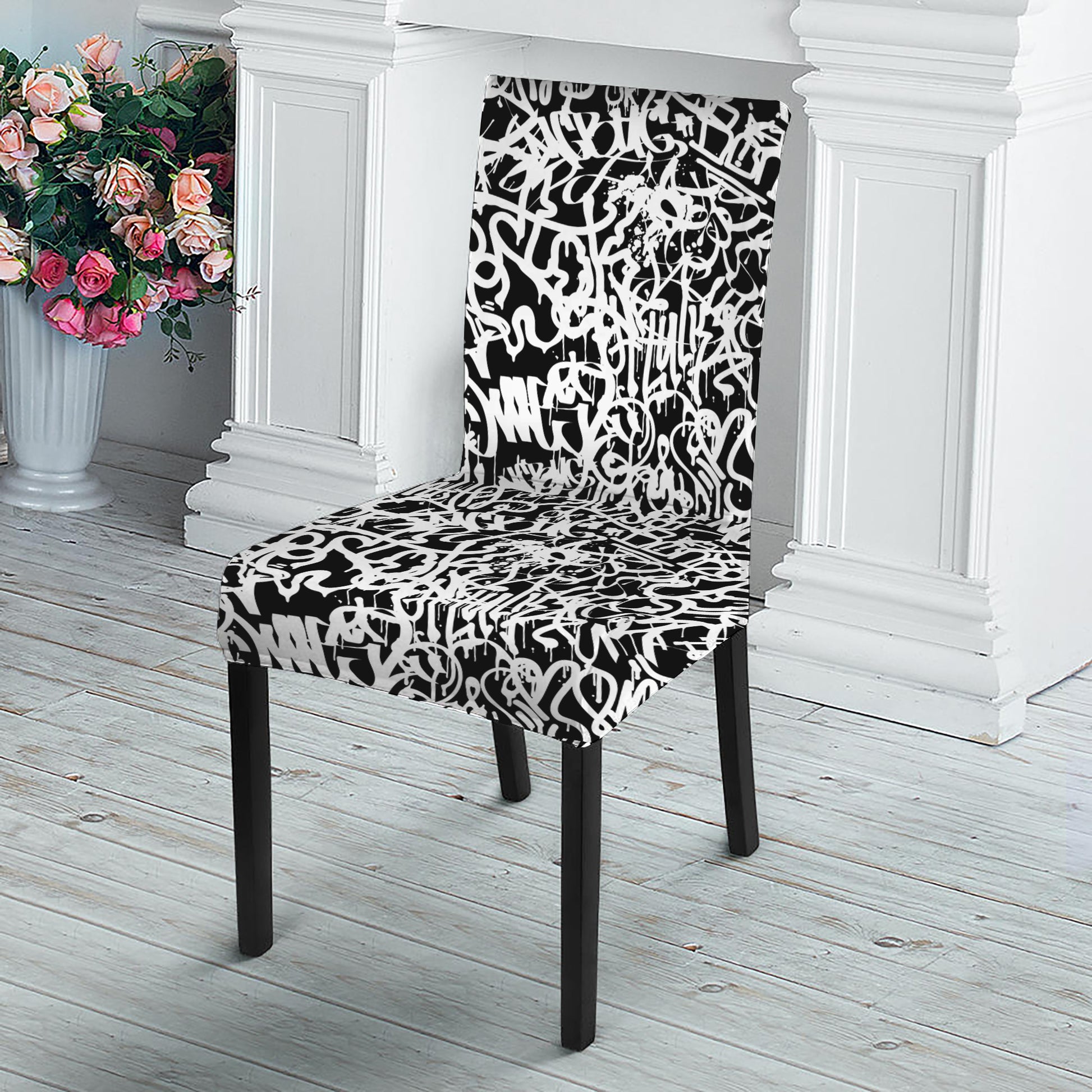Black And White Graffiti Pattern Print Dining Chair Slipcover