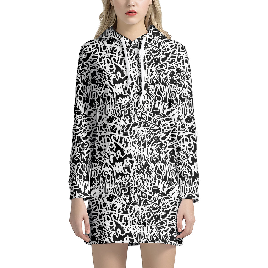 Black And White Graffiti Pattern Print Hoodie Dress