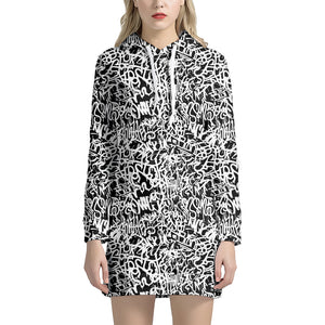 Black And White Graffiti Pattern Print Hoodie Dress