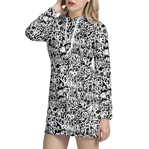 Black And White Graffiti Pattern Print Hoodie Dress