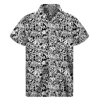 Black And White Graffiti Pattern Print Men's Short Sleeve Shirt