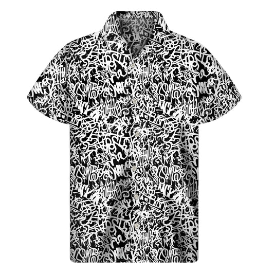 Black And White Graffiti Pattern Print Men's Short Sleeve Shirt