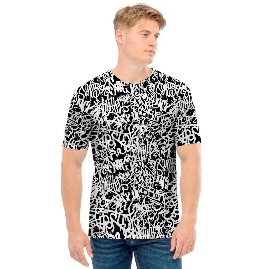 Black And White Graffiti Pattern Print Men's T-Shirt