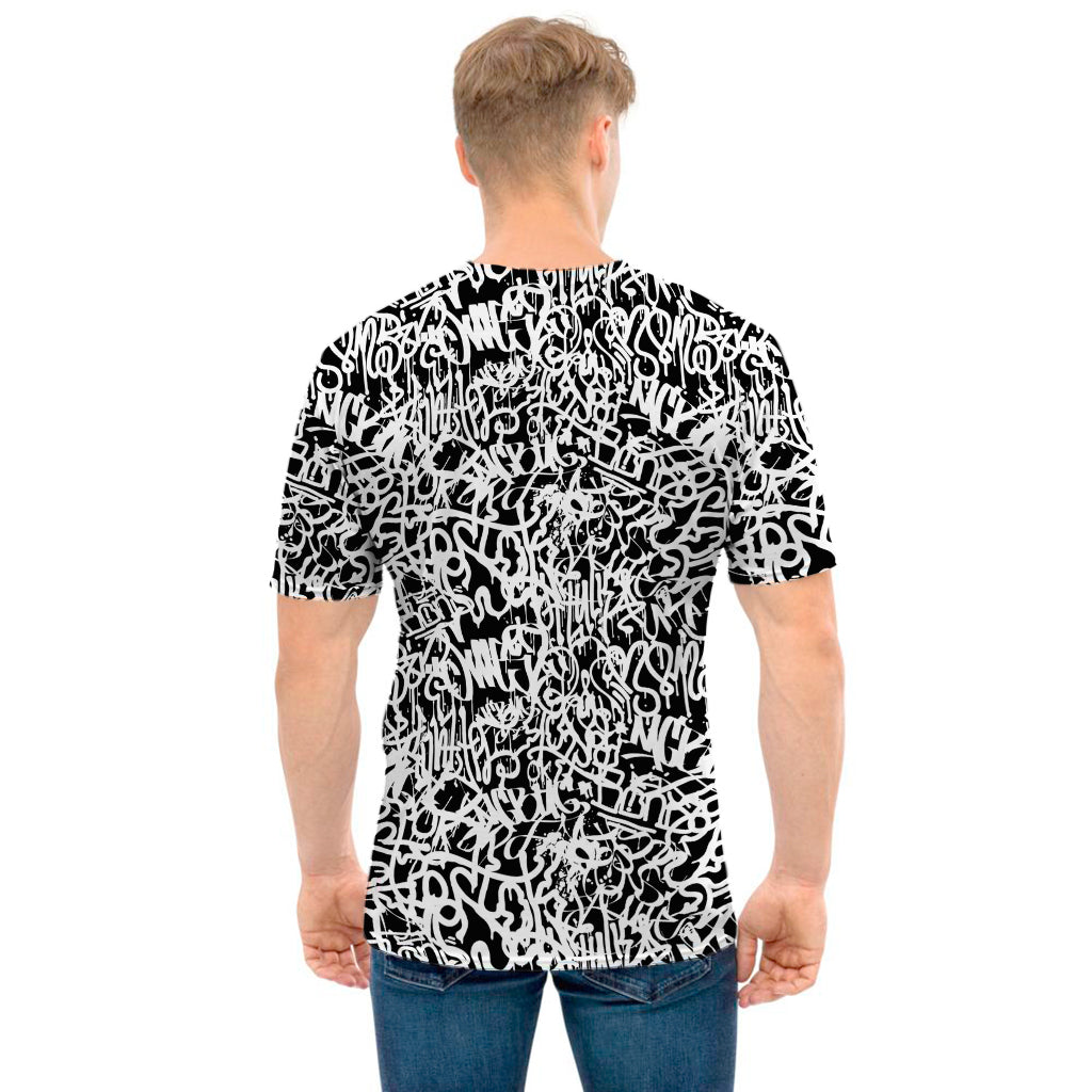 Black And White Graffiti Pattern Print Men's T-Shirt