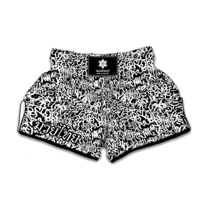 Black And White Graffiti Pattern Print Muay Thai Boxing Shorts