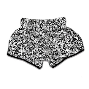 Black And White Graffiti Pattern Print Muay Thai Boxing Shorts