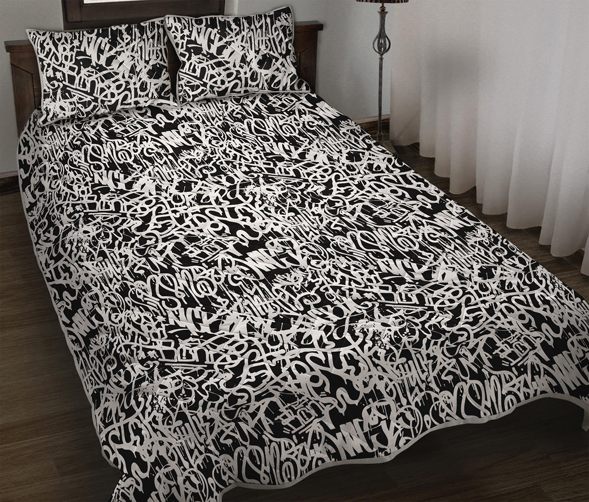 Black And White Graffiti Pattern Print Quilt Bed Set
