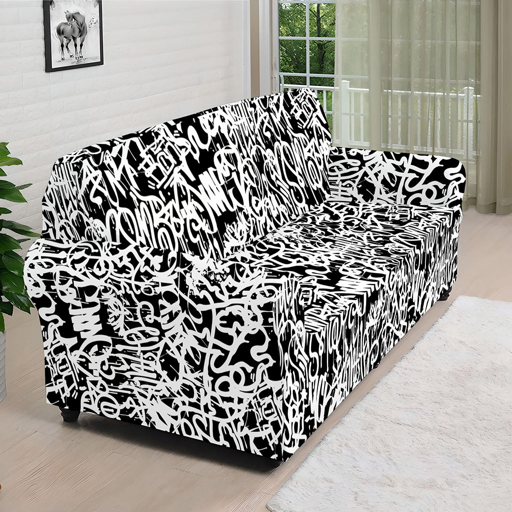 Black And White Graffiti Pattern Print Sofa Cover