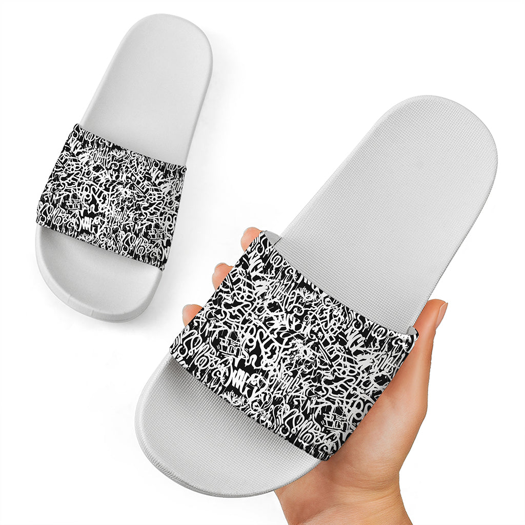 Black And White Graffiti Pattern Print White Slide Sandals