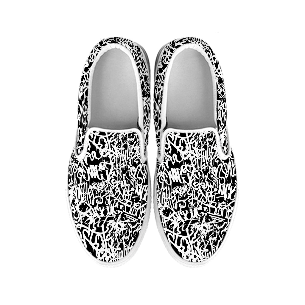 Black And White Graffiti Pattern Print White Slip On Shoes