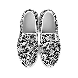 Black And White Graffiti Pattern Print White Slip On Shoes