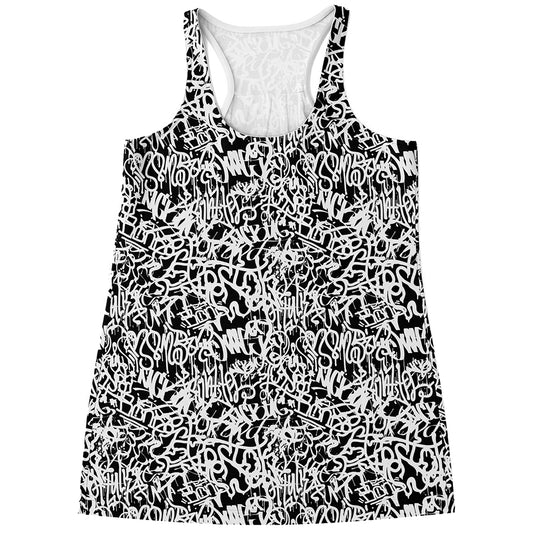 Black And White Graffiti Pattern Print Women's Racerback Tank Top
