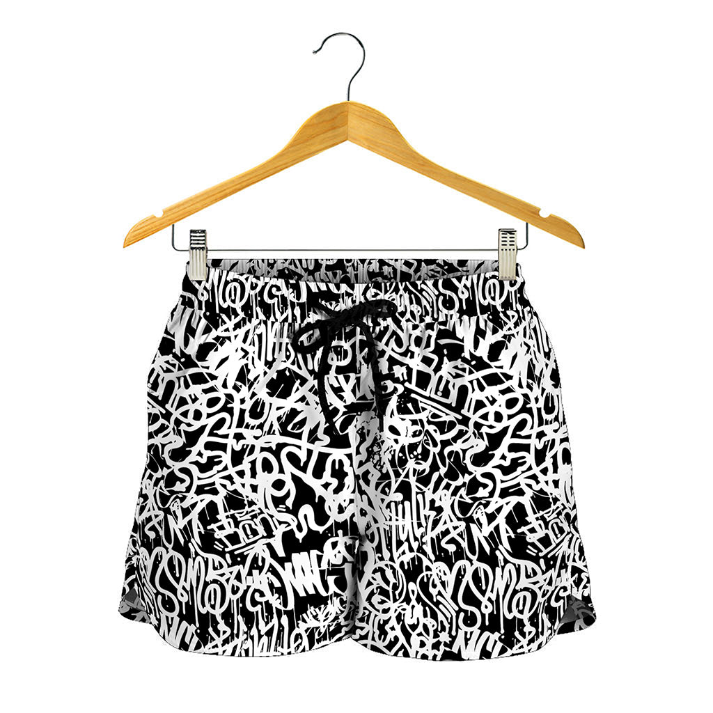 Black And White Graffiti Pattern Print Women's Shorts