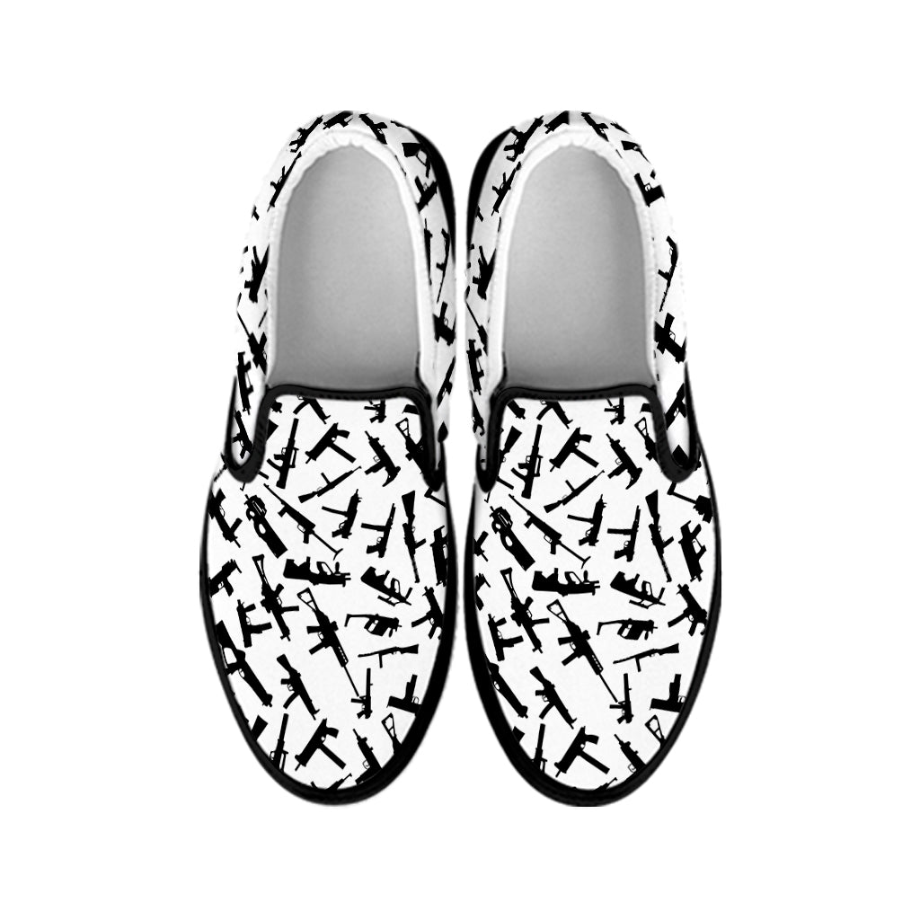 Black And White Guns Pattern Print Black Slip On Shoes