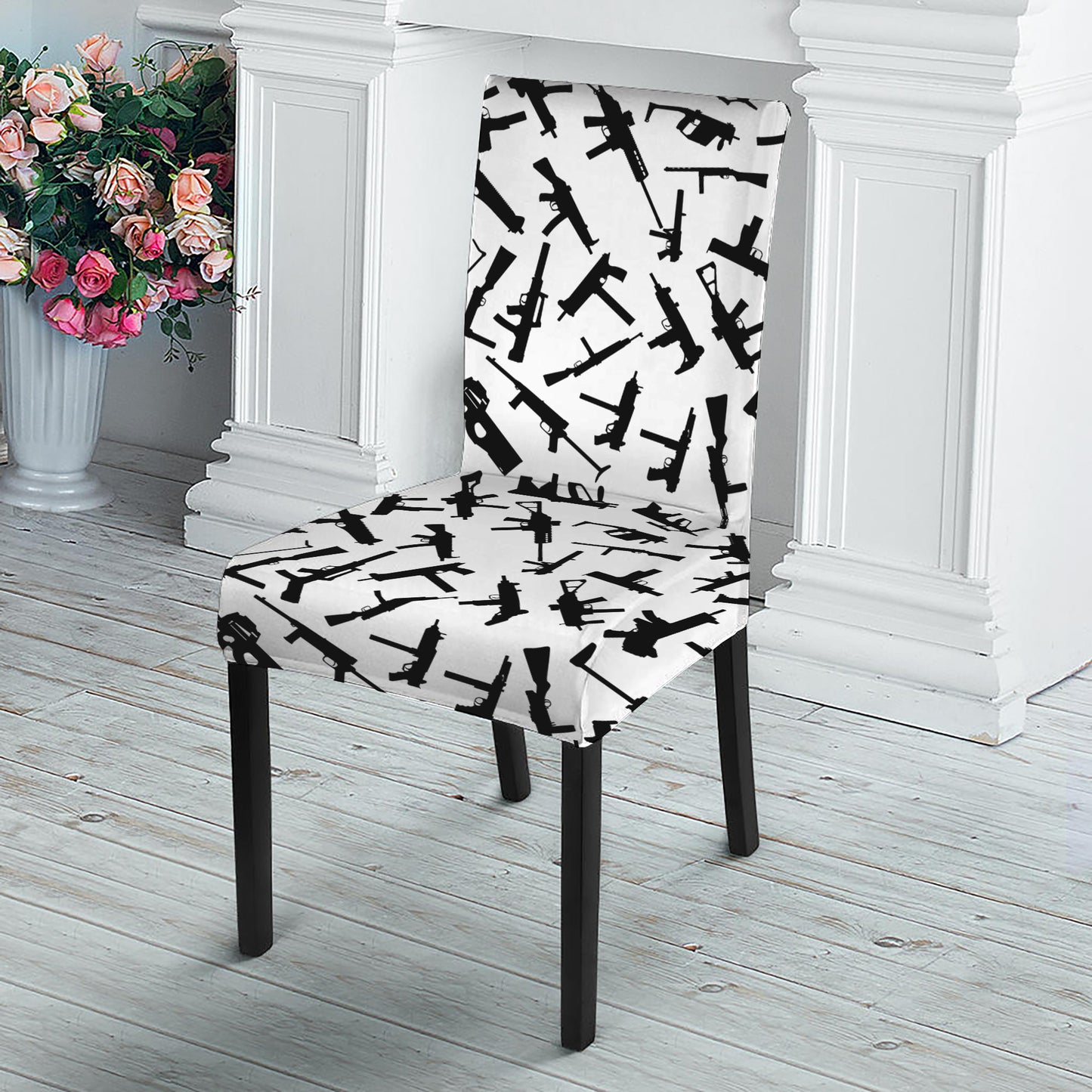 Black And White Guns Pattern Print Dining Chair Slipcover