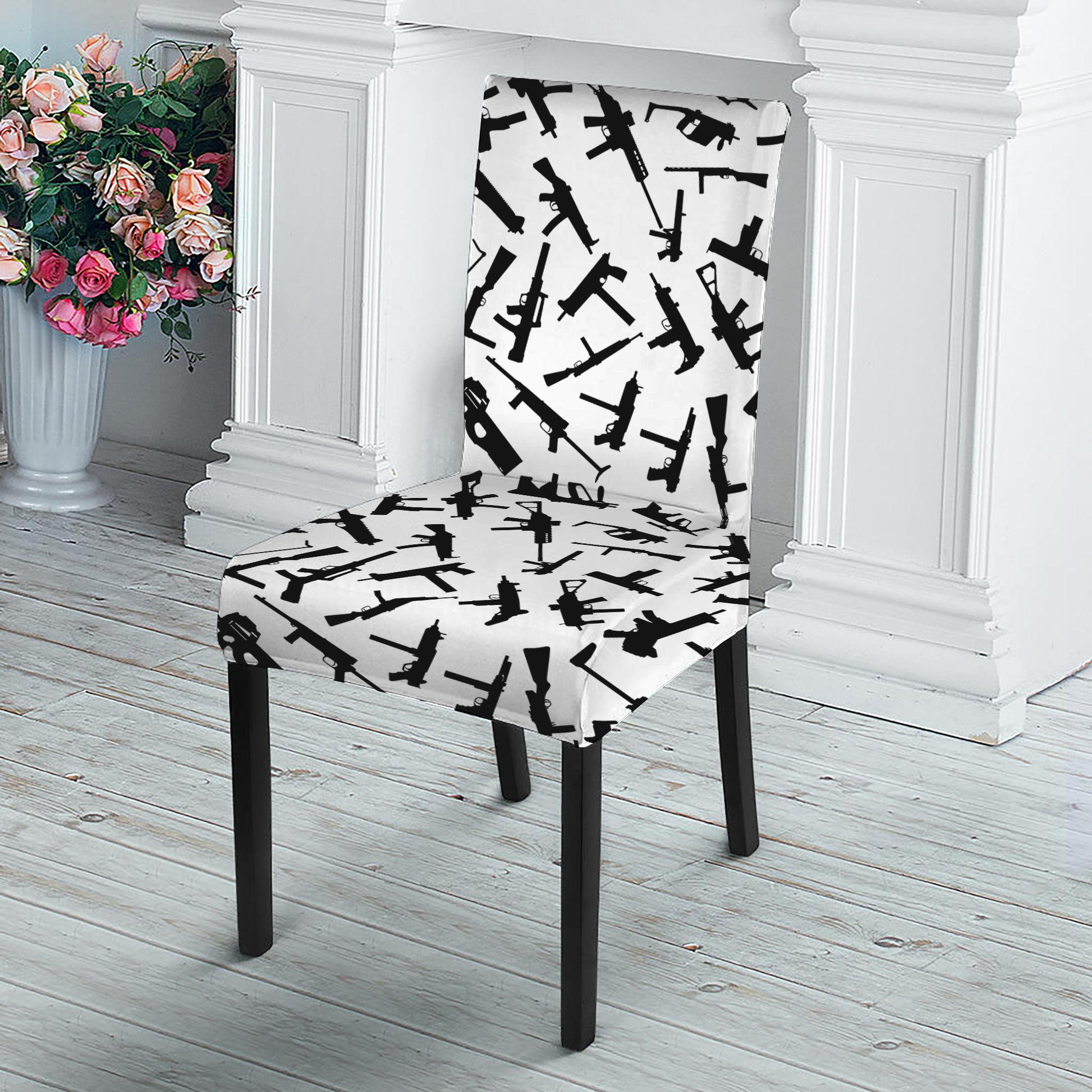 Black And White Guns Pattern Print Dining Chair Slipcover
