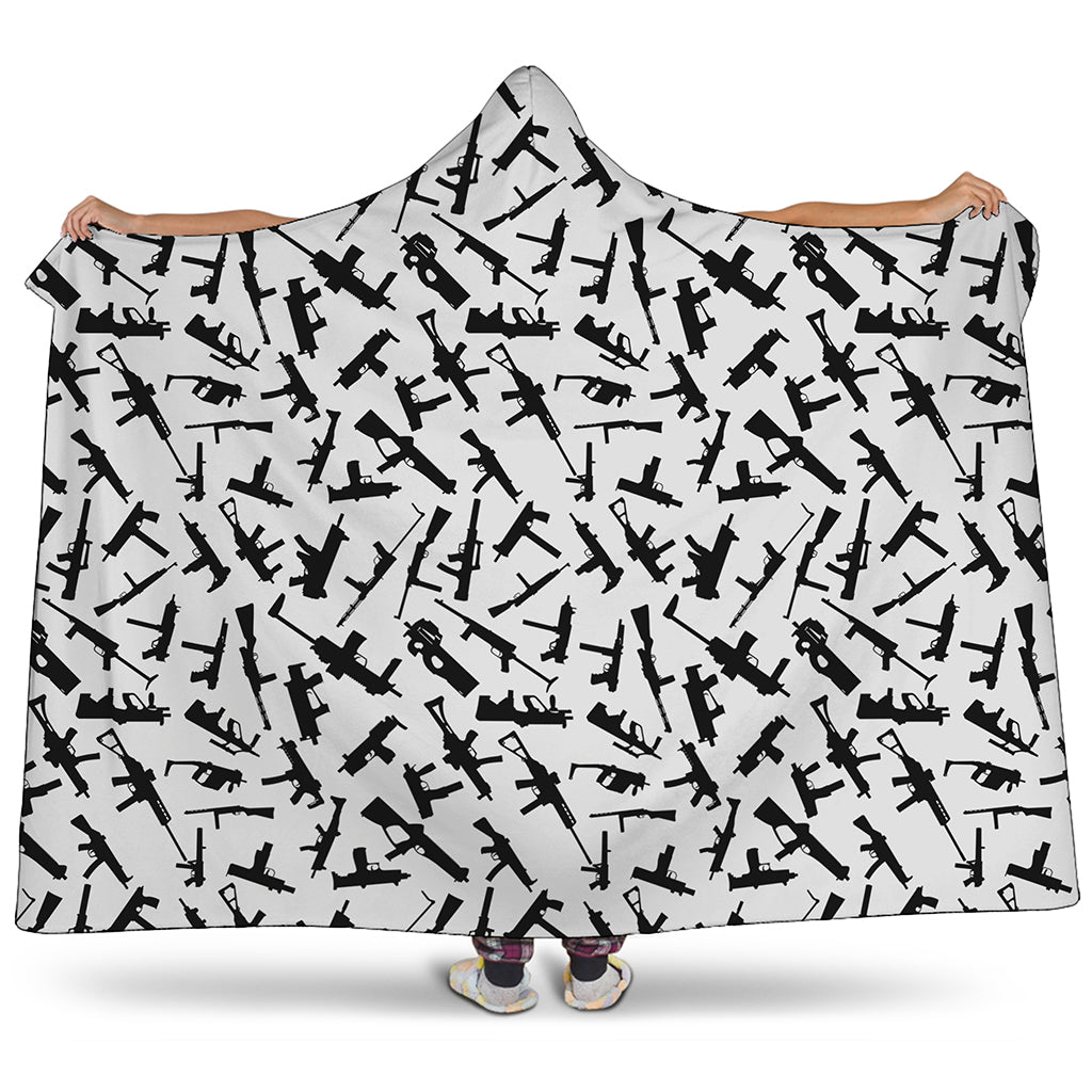 Black And White Guns Pattern Print Hooded Blanket