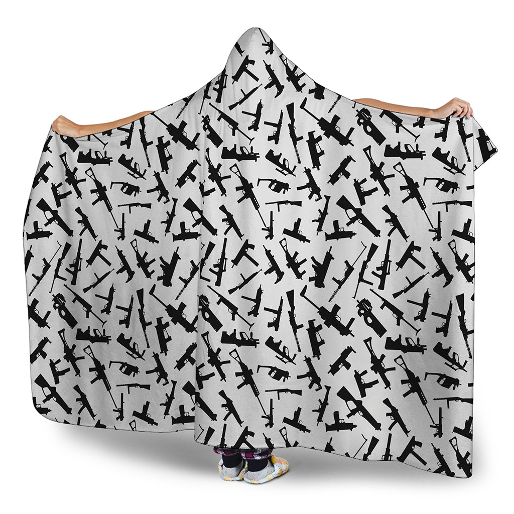 Black And White Guns Pattern Print Hooded Blanket