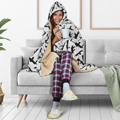Black And White Guns Pattern Print Hooded Blanket