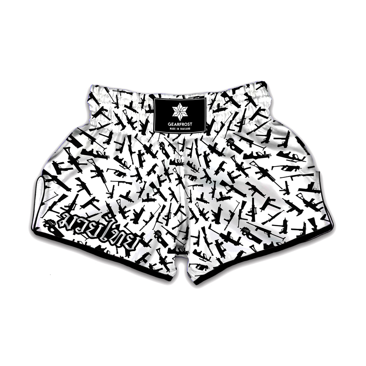 Black And White Guns Pattern Print Muay Thai Boxing Shorts