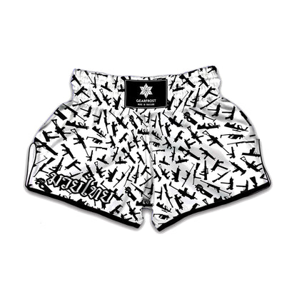 Black And White Guns Pattern Print Muay Thai Boxing Shorts