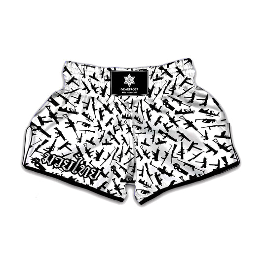 Black And White Guns Pattern Print Muay Thai Boxing Shorts