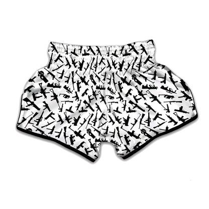 Black And White Guns Pattern Print Muay Thai Boxing Shorts