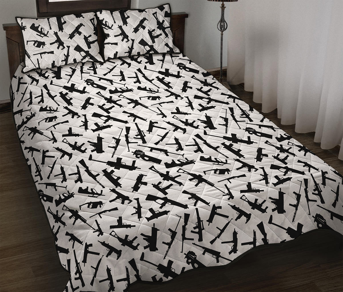 Black And White Guns Pattern Print Quilt Bed Set