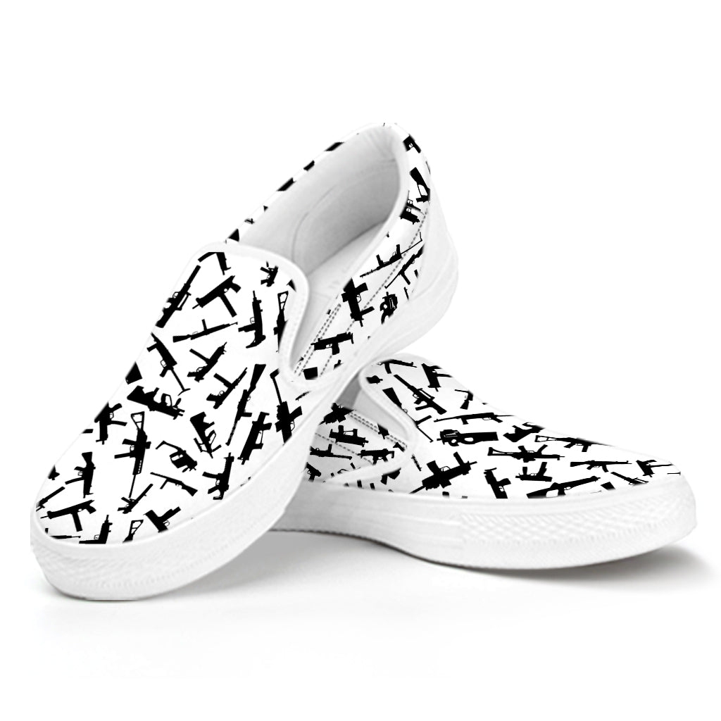 Black And White Guns Pattern Print White Slip On Shoes