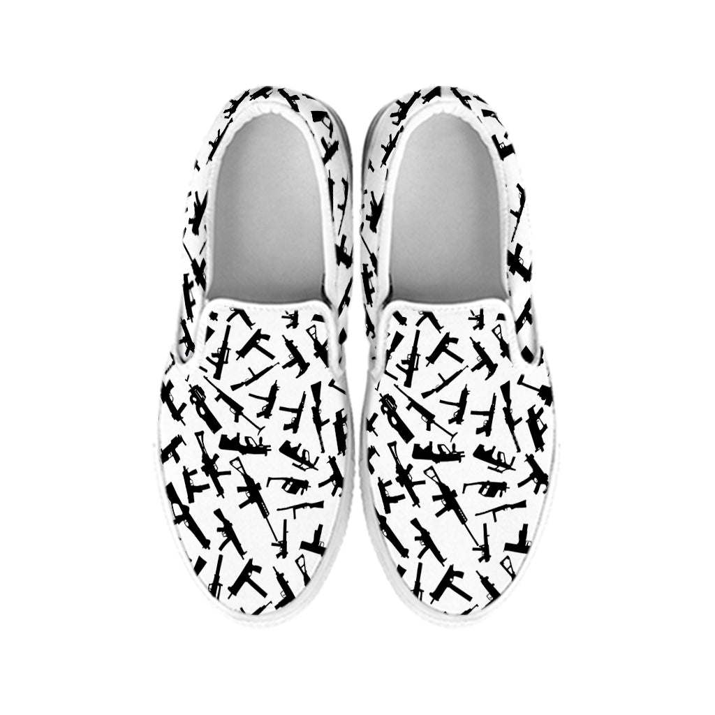 Black And White Guns Pattern Print White Slip On Shoes