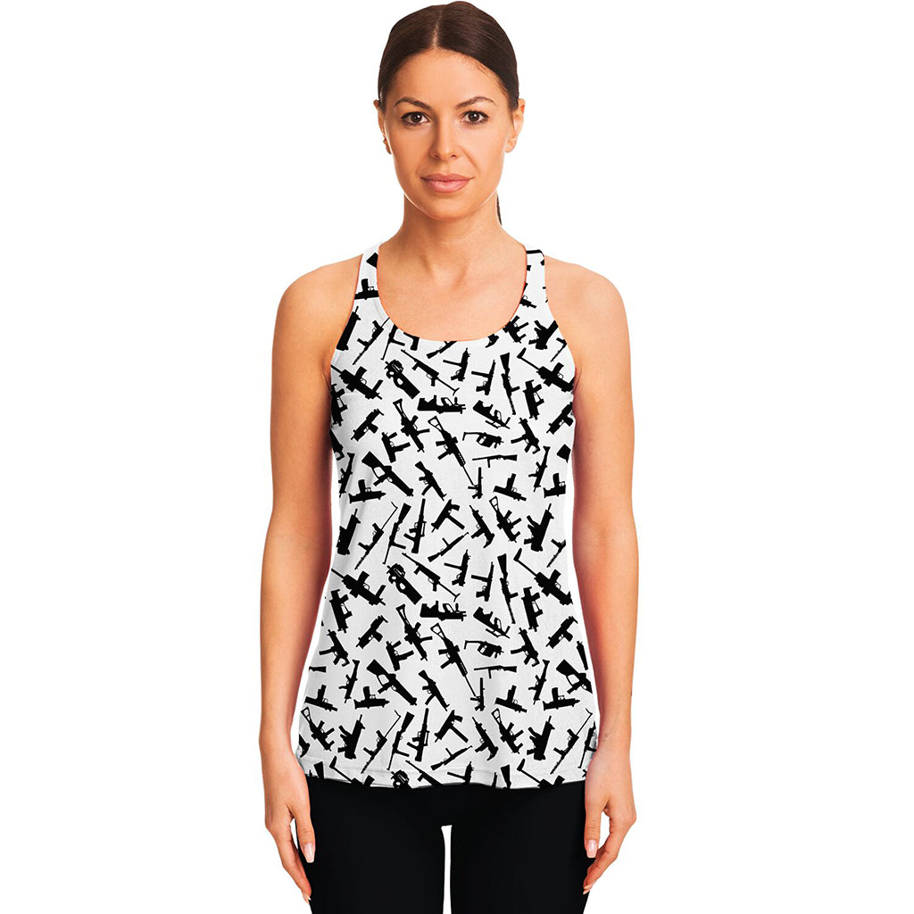 Black And White Guns Pattern Print Women's Racerback Tank Top