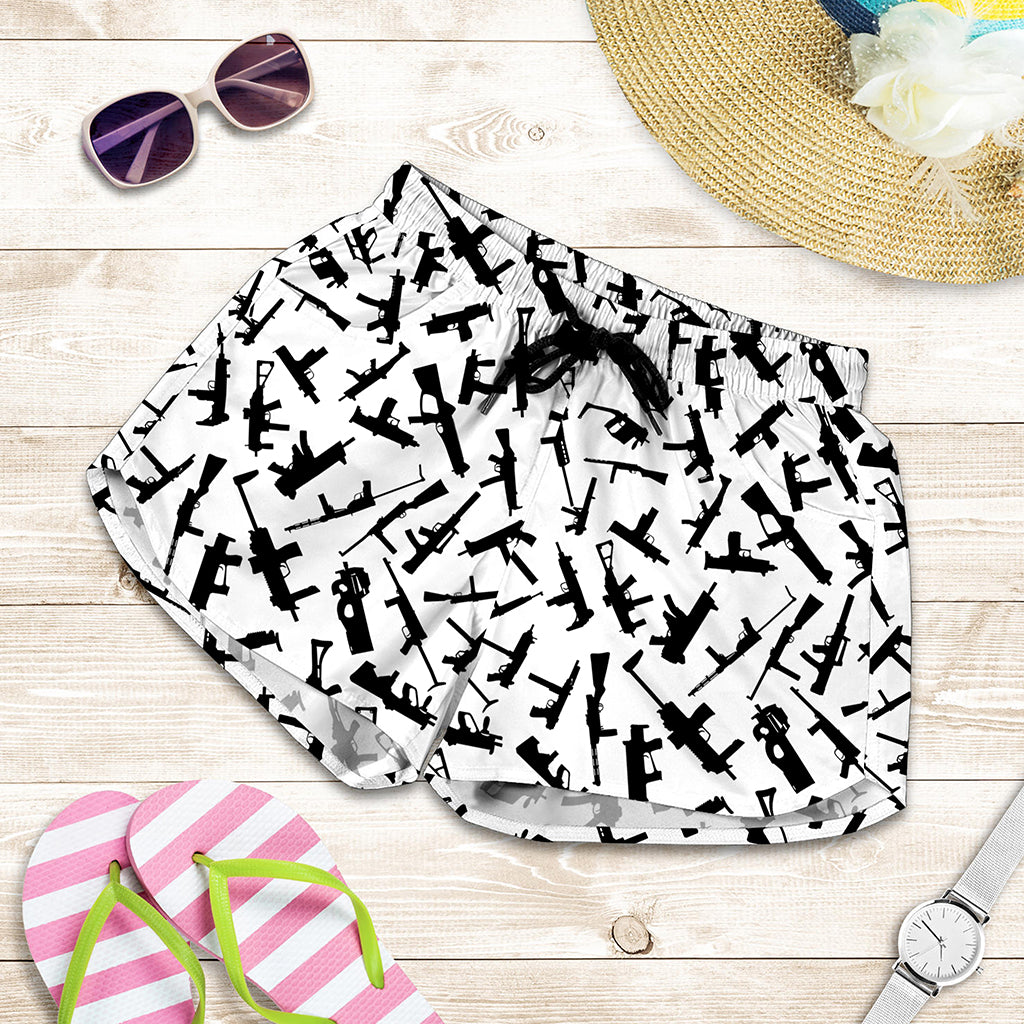 Black And White Guns Pattern Print Women's Shorts