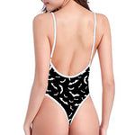 Black And White Halloween Bat Print One Piece High Cut Swimsuit