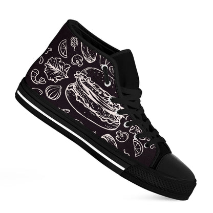 Black And White Hamburger Print Black High Top Shoes