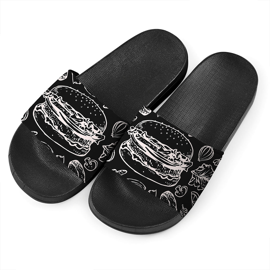 Black And White Hamburger Print Black Slide Sandals