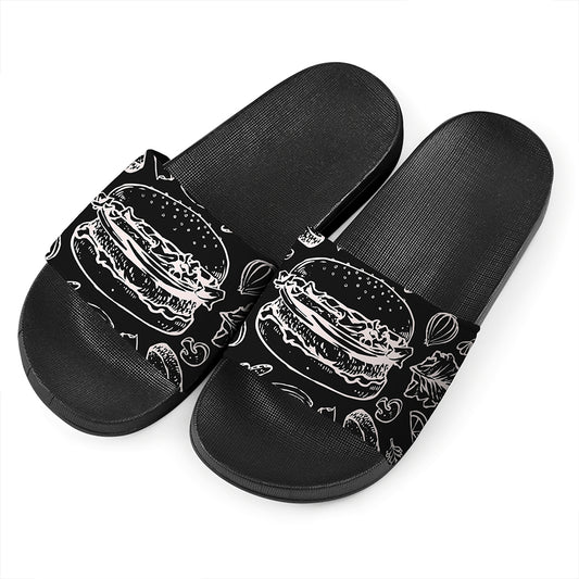 Black And White Hamburger Print Black Slide Sandals