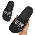 Black And White Hamburger Print Black Slide Sandals