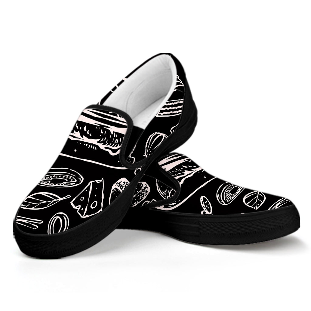 Black And White Hamburger Print Black Slip On Shoes