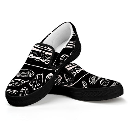 Black And White Hamburger Print Black Slip On Shoes