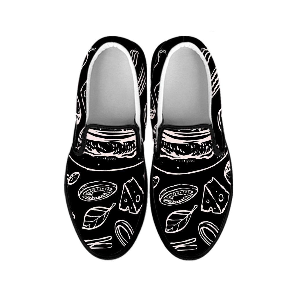 Black And White Hamburger Print Black Slip On Shoes