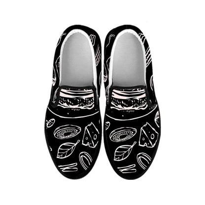 Black And White Hamburger Print Black Slip On Shoes