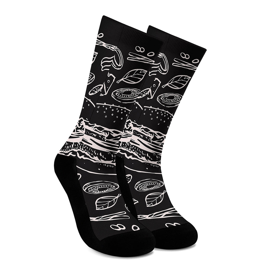 Black And White Hamburger Print Crew Socks