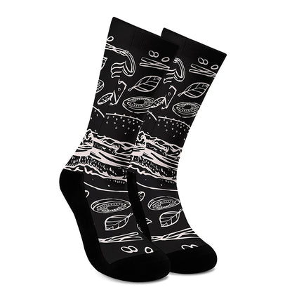 Black And White Hamburger Print Crew Socks