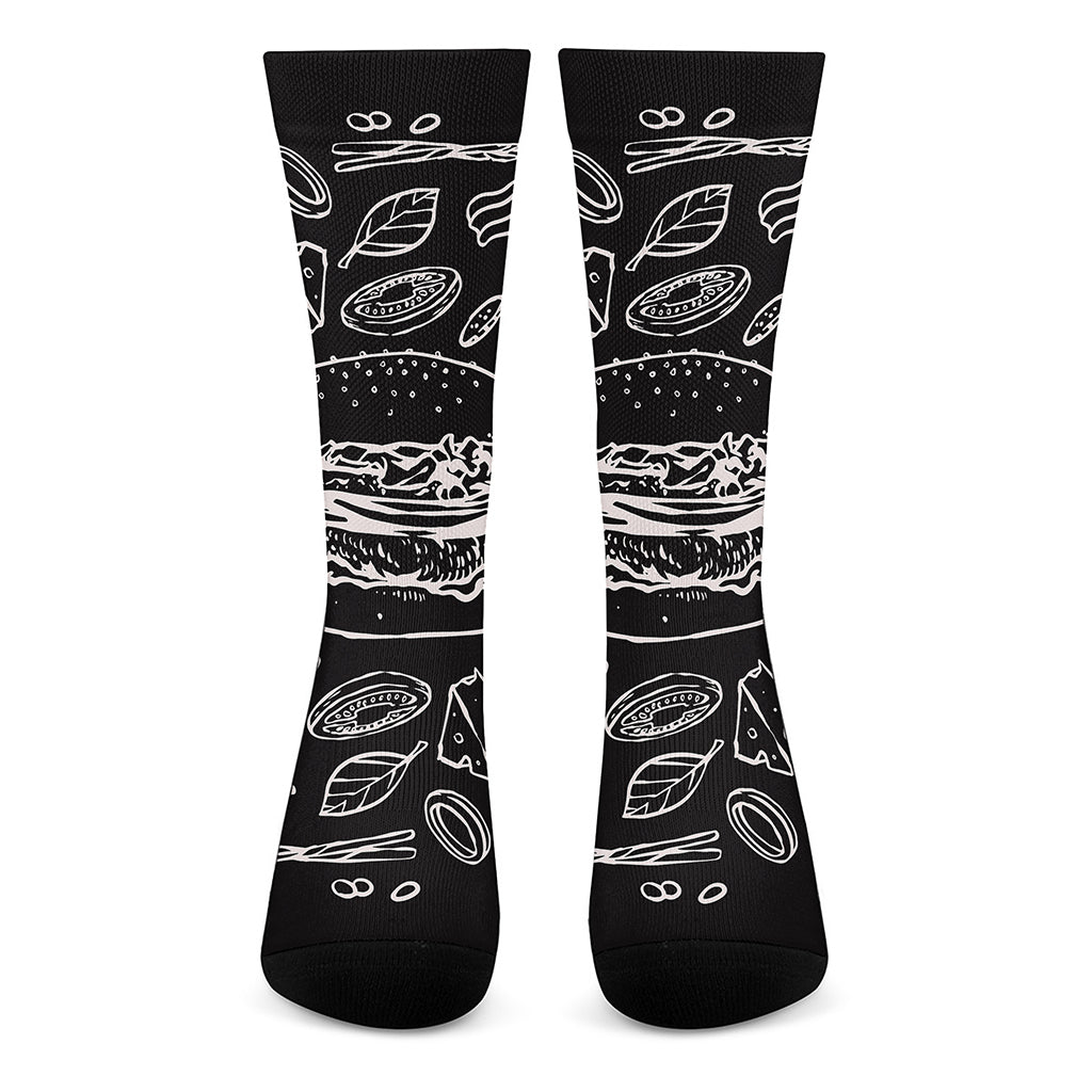 Black And White Hamburger Print Crew Socks