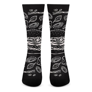 Black And White Hamburger Print Crew Socks