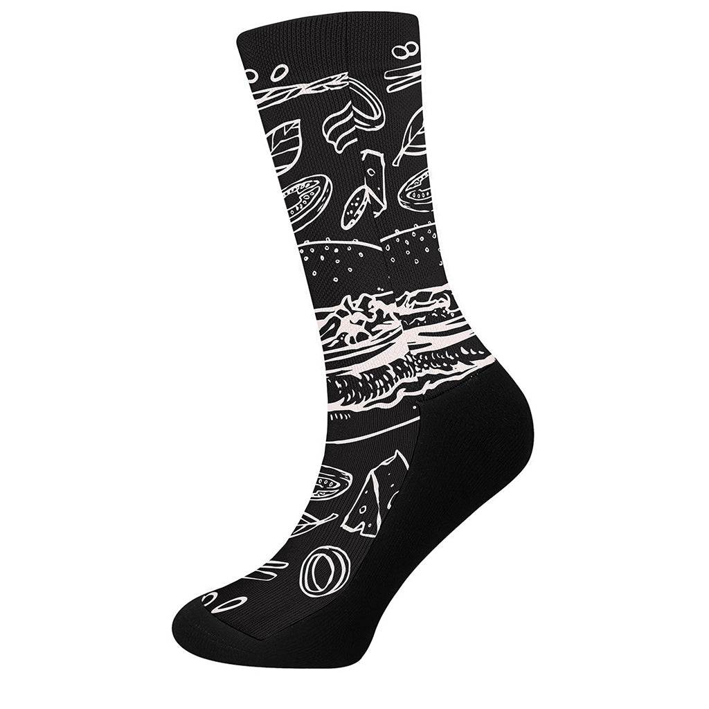 Black And White Hamburger Print Crew Socks