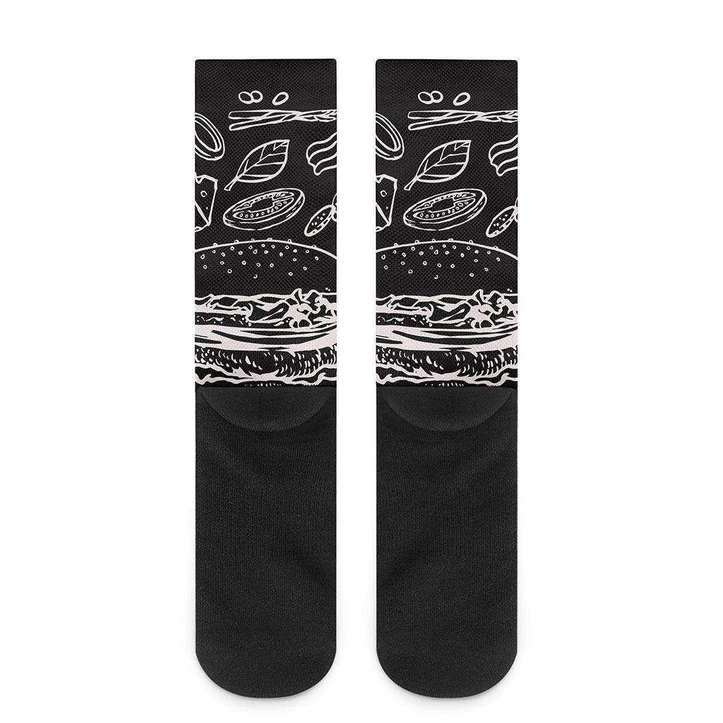 Black And White Hamburger Print Crew Socks