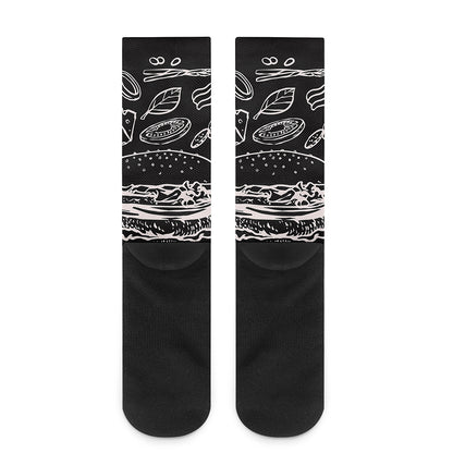 Black And White Hamburger Print Crew Socks